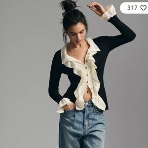 NWT Anthropologie Button Down Ruffle Front Cardigan Sweater Size M